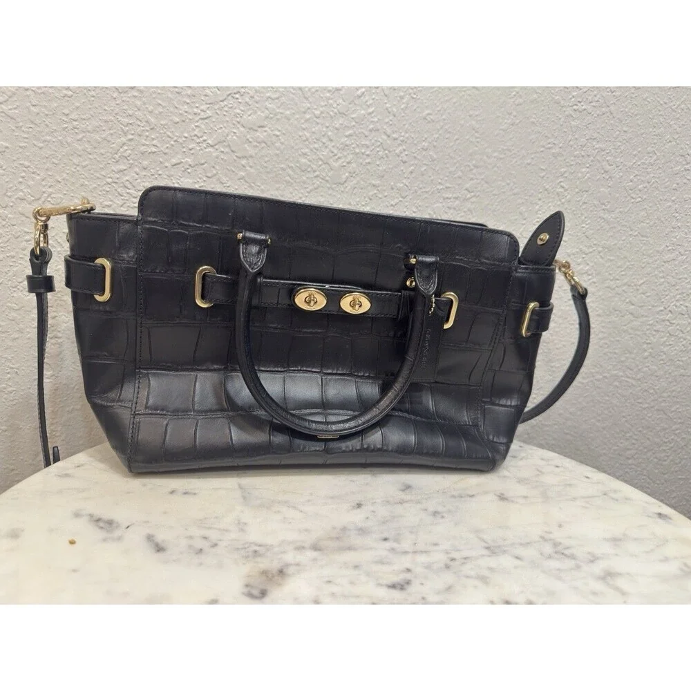 Coach Black Croc Embossed Leather Satchel Shoulder Crossbody Bag - Picture 1 of 11